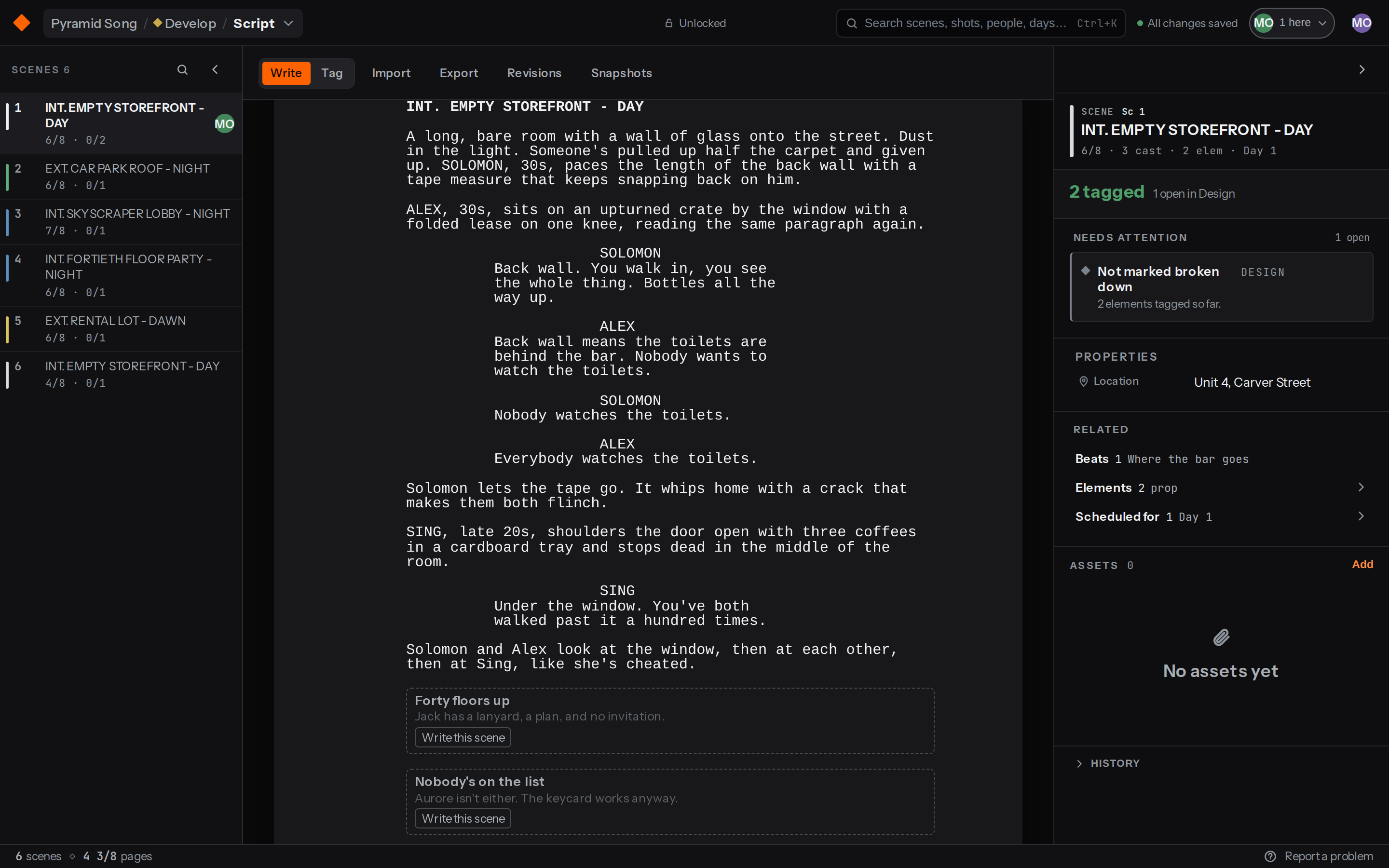 The Keyframes script editor in Write mode, on the demo production Pyramid Song.