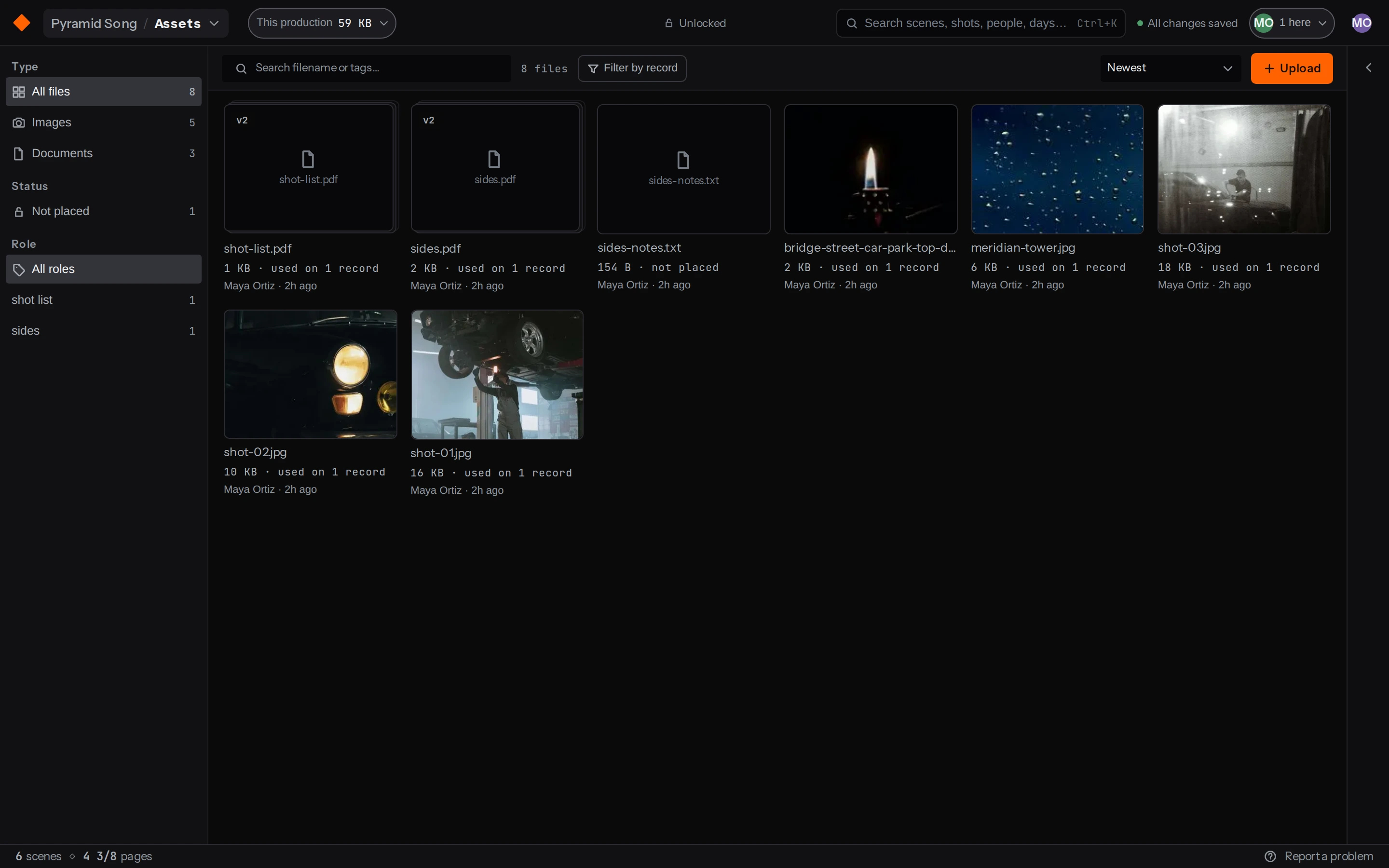 The Assets grid, with an uploaded photo’s thumbnail and the record it’s attached to.